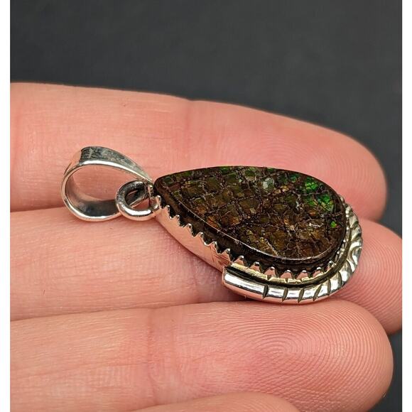 Colorful Ammolite Fossil Dragon Scale Teardrop Sterling Silver Pendant *Read* - Picture 11 of 14